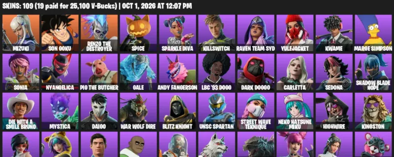 Fortnite account inventory for Mizuki - Son Goku - 109 Outfits