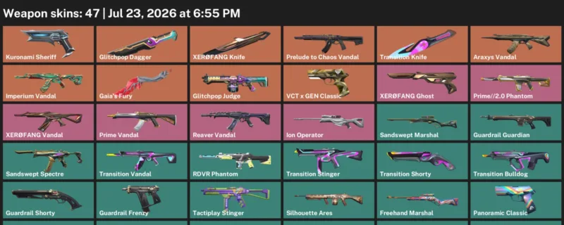 Valorant Accounts listing: LVL 58 · Glitchpop Dagger & Transition Knife · 47 Skins - Diamond 1, 47 skins