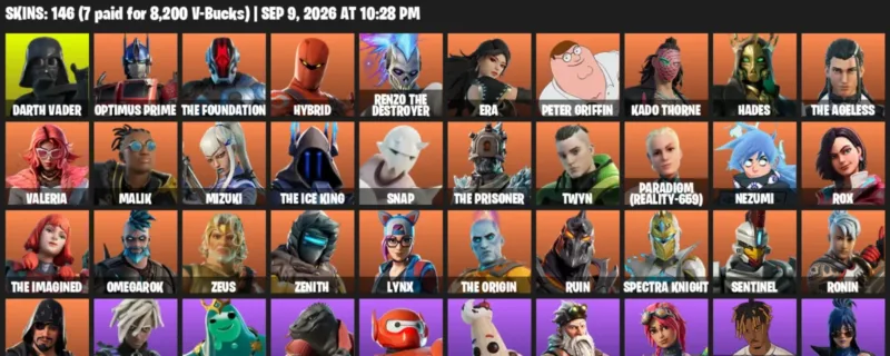 Fortnite account inventory for LVL 2296 - Darth Vader - Optimus Prime - 146 Outfits