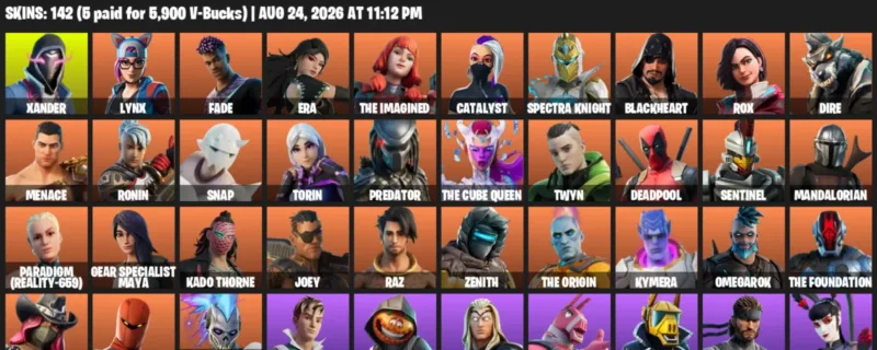 Fortnite account inventory for LVL 1734 - Xander - Lynx - 142 Outfits