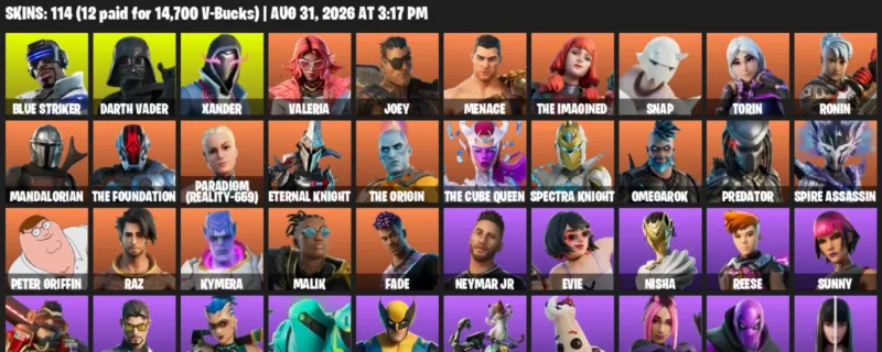 Fortnite account inventory for LVL 2716 - Blue Striker - Darth Vader - 114 Outfits