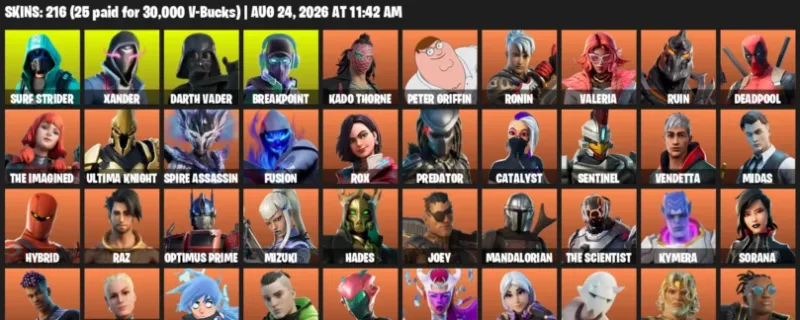 Fortnite account inventory for LVL 3191 - Surf Strider - Xander - 216 Outfits