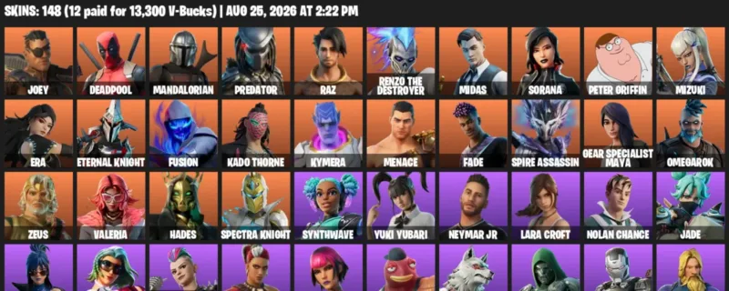 Fortnite account inventory for LVL 4328 - Joey - Deadpool - 148 Outfits