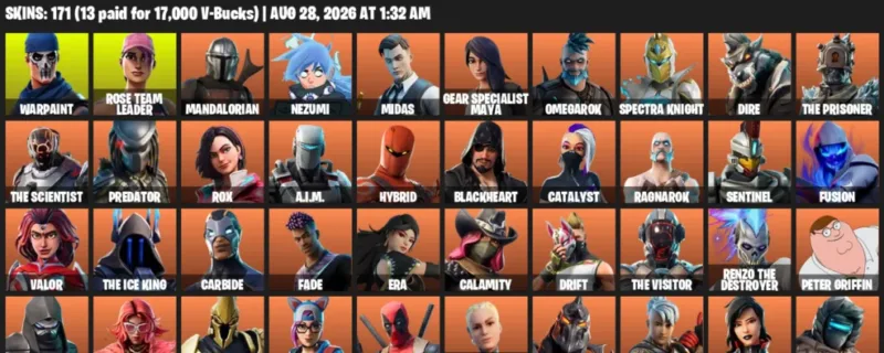 Fortnite account inventory for LVL 2090 - Warpaint - Rose Team Leader - 171 Outfits
