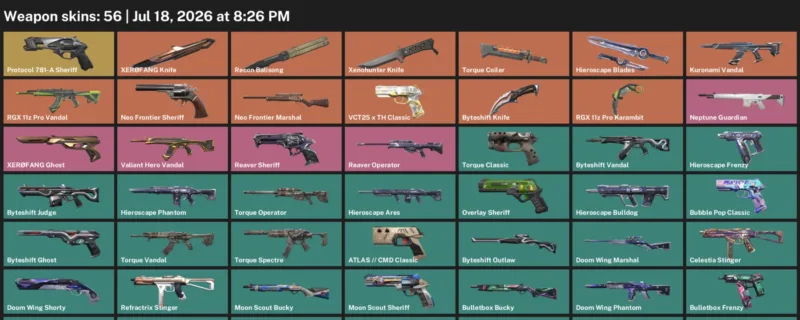 Valorant Accounts listing: LVL 146 · Byteshift Knife & RGX 11z Pro Karambit · 56 Skins - Silver 1, 56 skins