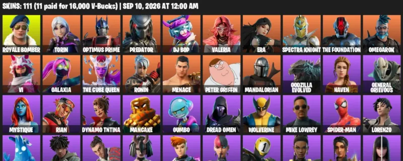 Fortnite account inventory for LVL 3633 - Royale Bomber - Torin - 111 Outfits