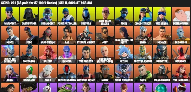 Fortnite account inventory for LVL 4296 - Warpaint - Darth Vader - 261 Outfits