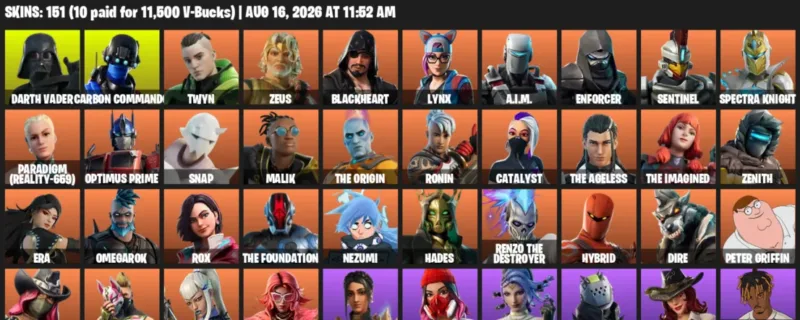 Fortnite account inventory for LVL 2220 - Darth Vader - Carbon Commando - 151 Outfits