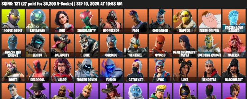 Fortnite account inventory for LVL 1591 - Rogue Agent - Leviathan - 121 Outfits