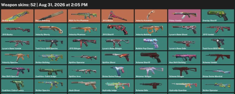 Valorant account inventory for LVL 99 · Velocity Karambit & Striker Knife