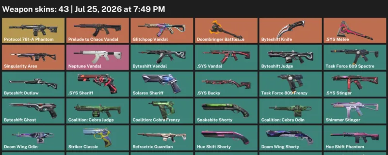 Valorant Accounts listing: LVL 183 · .SYS Melee & Byteshift Knife · 43 Skins - Gold 3, 43 skins