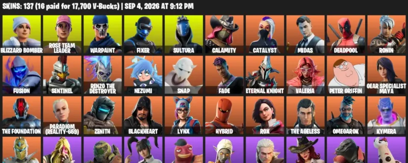 Fortnite account inventory for LVL 2160 - Blizzard Bomber - Rose Team Leader - 137 Outfits