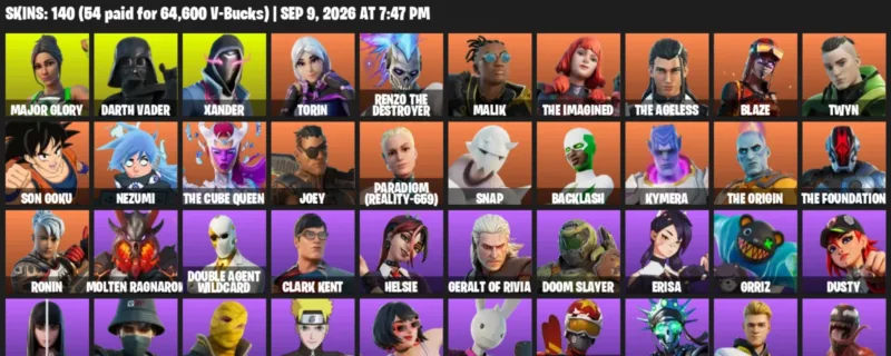 Fortnite account inventory for LVL 2368 - Major Glory - Darth Vader - 140 Outfits