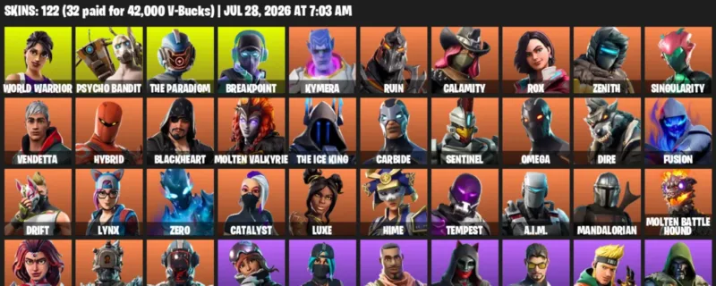 Fortnite Accounts listing: LVL 1533 - World Warrior - Psycho Bandit - 122 Outfits - 122 outfits