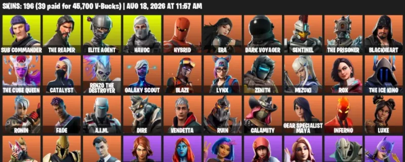 Fortnite account inventory for LVL 3282 - Sub Commander - The Reaper - 196 Outfits