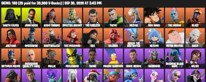Fortnite account inventory for Darth Vader - John Wick - 120 Outfits