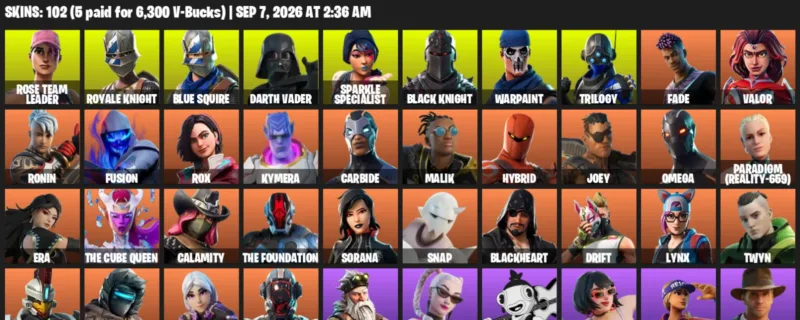 Fortnite account inventory for LVL 2564 - Rose Team Leader - Royale Knight - 102 Outfits