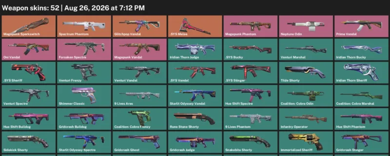 Valorant account inventory for LVL 128 · Sys Vandal & 9 Lives Phantom