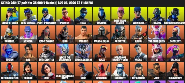 Fortnite account inventory for LVL 2825 - Cloud Striker - Blue Striker - 242 Outfits