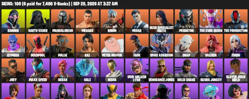 Fortnite account inventory for Xander - Darth Vader - 106 Outfits