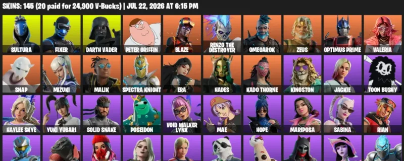 Fortnite Accounts listing: LVL 2403 - Sultura - Fixer - 145 Outfits - 145 outfits
