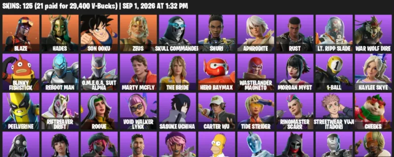 Fortnite account inventory for LVL 2736 - Blaze - Hades - 125 Outfits