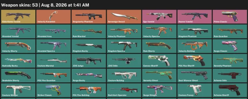 Valorant account inventory for LVL 72 · Sovereign Sword & Velocity Karambit & Convex Sheriff