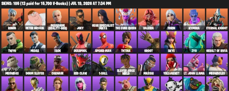 Fortnite Accounts listing: LVL 2124 - Ronin - Peter Griffin - 105 Outfits - 105 outfits