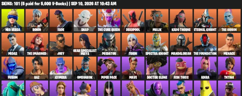 Fortnite account inventory for LVL 1611 - Neo Versa - Ronin - 101 Outfits