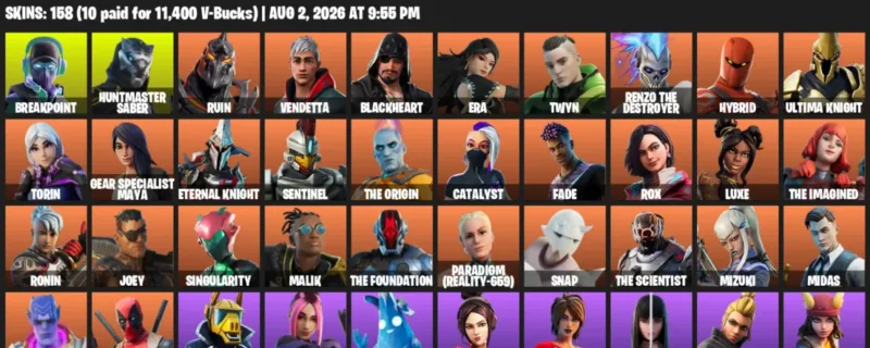 Fortnite account inventory for LVL 3257 - Breakpoint - Huntmaster Saber - 158 Outfits