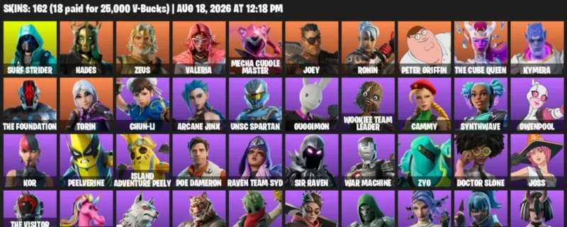 Fortnite account inventory for LVL 2698 - Surf Strider - Hades - 162 Outfits