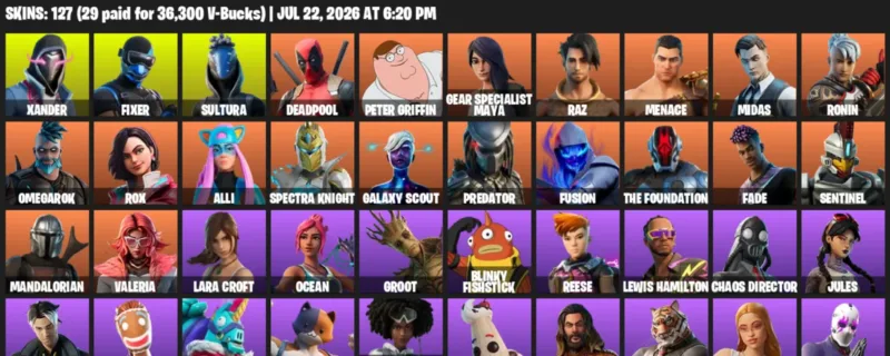 Fortnite Accounts listing: LVL 2187 - Xander - Fixer - 127 Outfits - 127 outfits
