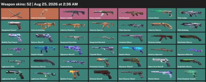 Valorant account inventory for LVL 245 · Velocity Karambit & Depths Vandal