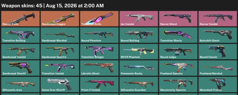 Valorant account inventory for LVL 166 · Reaver Knife & Sandswept Dagger & 45 Skins Reaver Knife