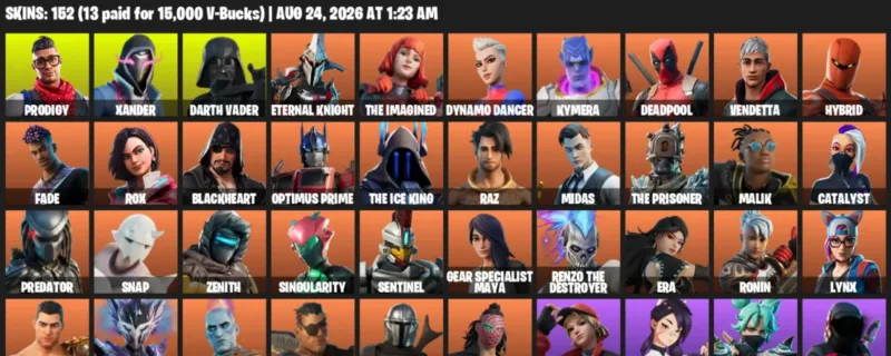 Fortnite account inventory for LVL 2440 - Prodigy - Xander - 152 Outfits