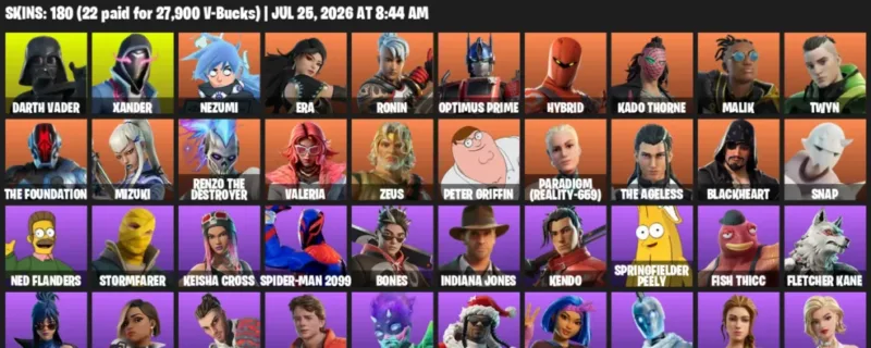 Fortnite Accounts listing: LVL 2764 - Darth Vader - Xander - 180 Outfits - 180 outfits