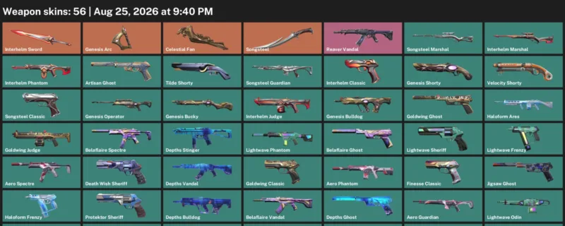 Valorant account inventory for LVL 226 · 56 Skins Celestial Fan & Celestial Fan & Interhelm Sword