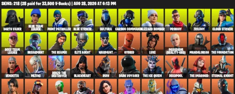 Fortnite account inventory for LVL 3556 - Darth Vader - Blue Team Leader - 218 Outfits