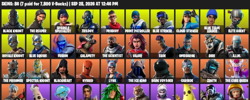 Fortnite account inventory for Black Knight - The Reaper - 86 Outfits