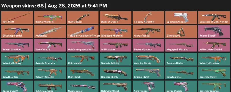 Valorant account inventory for LVL 198 · Velocity Karambit & Blade of Chaos & Ruin Dagger