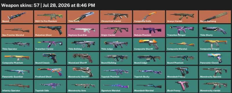 Valorant Accounts listing: LVL 78 · Composite Knife & Tilde Knife · 57 Skins - Gold 2, 57 skins