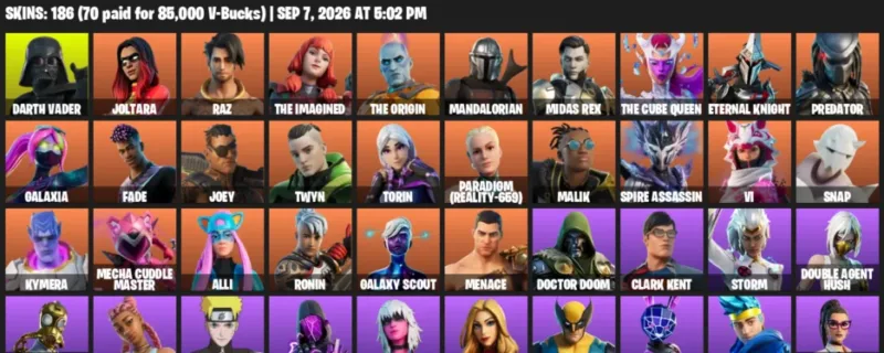 Fortnite account inventory for LVL 1889 - Darth Vader - Joltara - 186 Outfits
