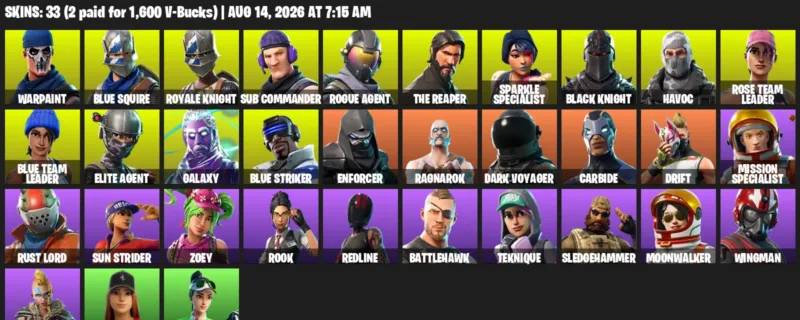 Fortnite account inventory for LVL 288 - Warpaint - Blue Squire - 33 Outfits