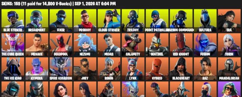 Fortnite account inventory for LVL 2348 - Blue Striker - Breakpoint - 159 Outfits