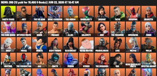 Fortnite account inventory for LVL 3708 - Darth Vader - Joey - 269 Outfits