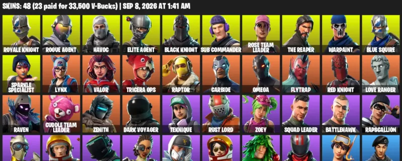 Fortnite account inventory for LVL 687 - Royale Knight - Rogue Agent - 48 Outfits