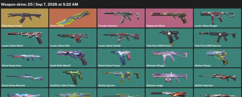 Valorant account inventory for LVL 62 · Elderflame Vandal & Striker Knife