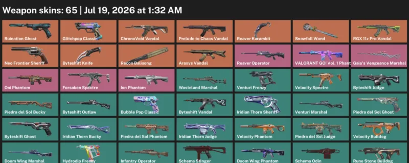 Valorant Accounts listing: LVL 101 · Byteshift Knife & Reaver Karambit · 65 Skins - Gold 1, 65 skins