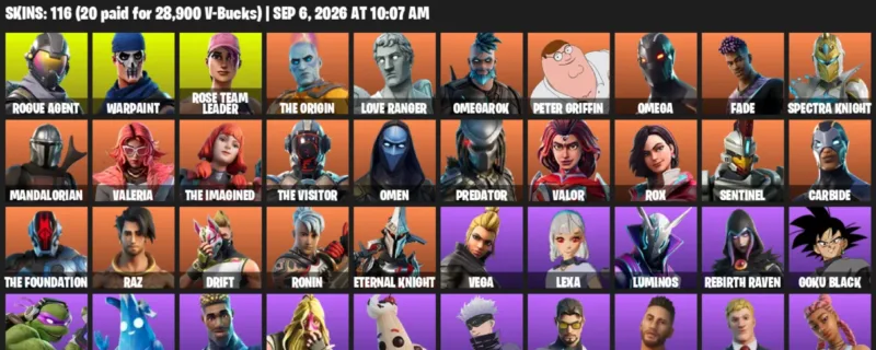 Fortnite account inventory for LVL 2487 - Rogue Agent - Warpaint - 116 Outfits