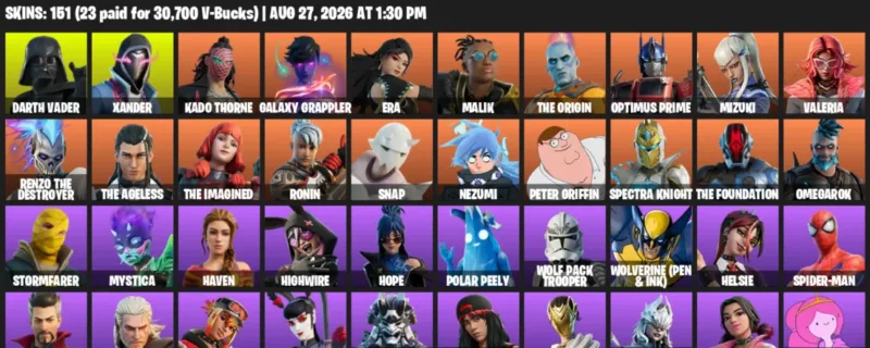Fortnite account inventory for LVL 1545 - Darth Vader - Xander - 151 Outfits